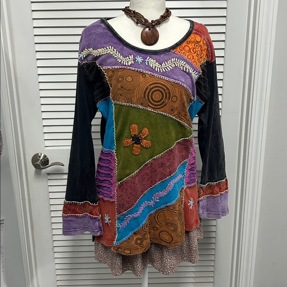 India Boutique Multicolor Boho Patchwork Tunic Top - image 1